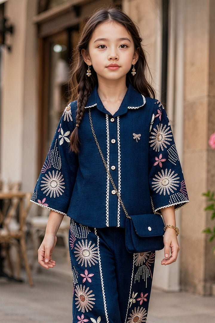 Teal Blue Embroidery and Sequins work  Co-ord Set for Girls with Bag