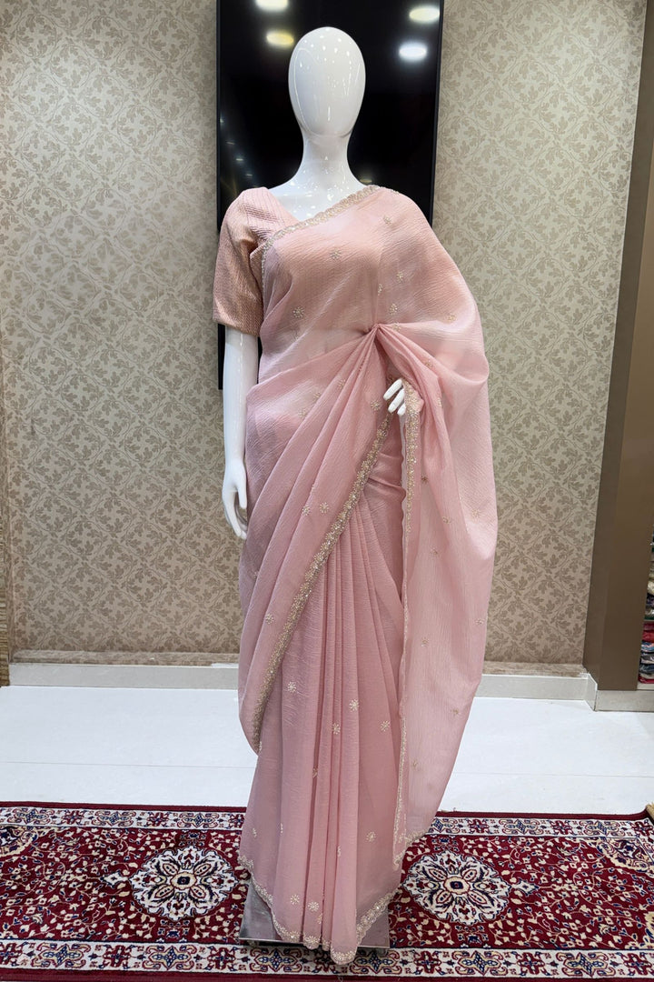 Baby Pink Saree with Sequins, Pearl and Beads work