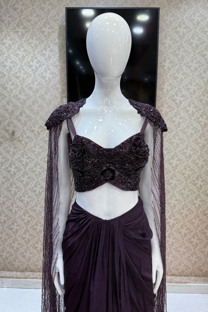 Wine Indo-Western Styled Beads and Sequins work Crop Top and Cowl Skirt