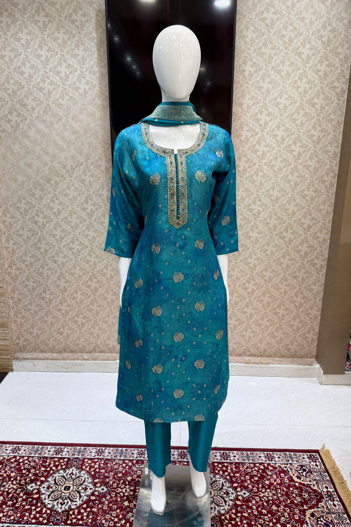 Rama Blue Mirror, Zardozi, Zari and Banaras work with Digital Print Straight Cut Salwar Suit