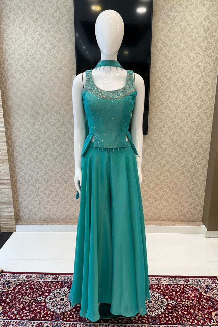 Rama Green Zardozi, Stone and Beads work Palazzo Suit Set