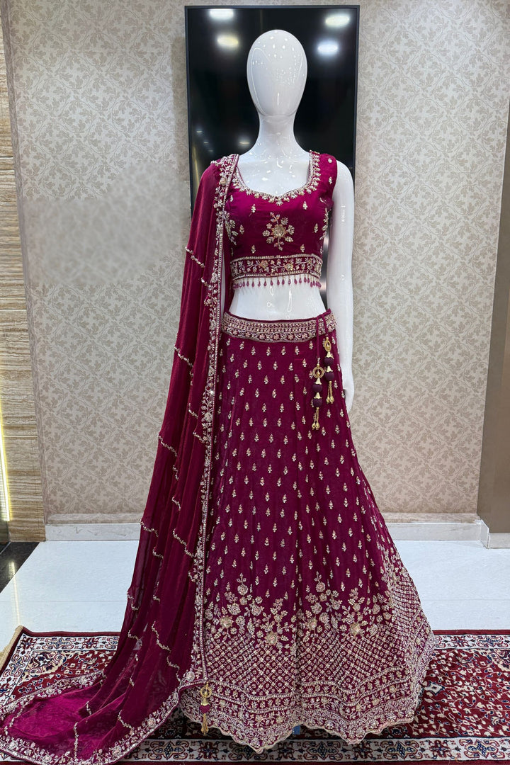 Magenta Beads, Zari and Sequins work Crop Top Bridal Lehenga