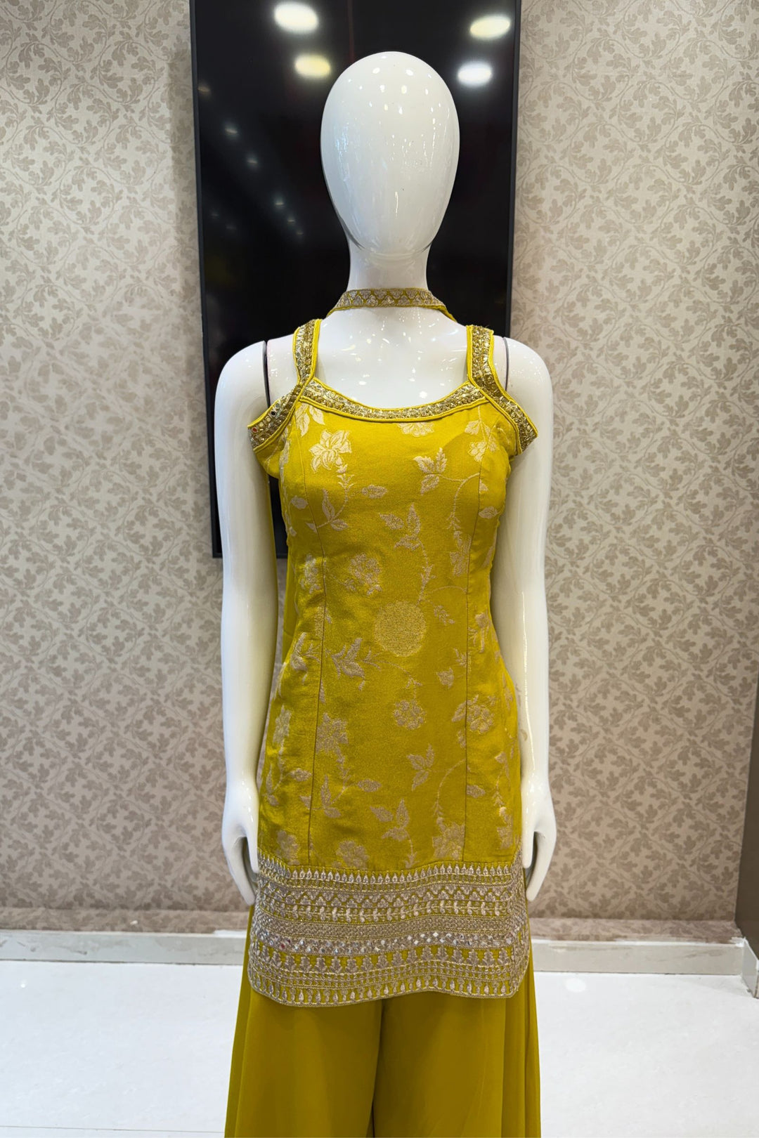 Lemon Yellow Banaras Zari, Mirror, Zardozi, Sequins, Stone and Beads work Palazzo Salwar Suit