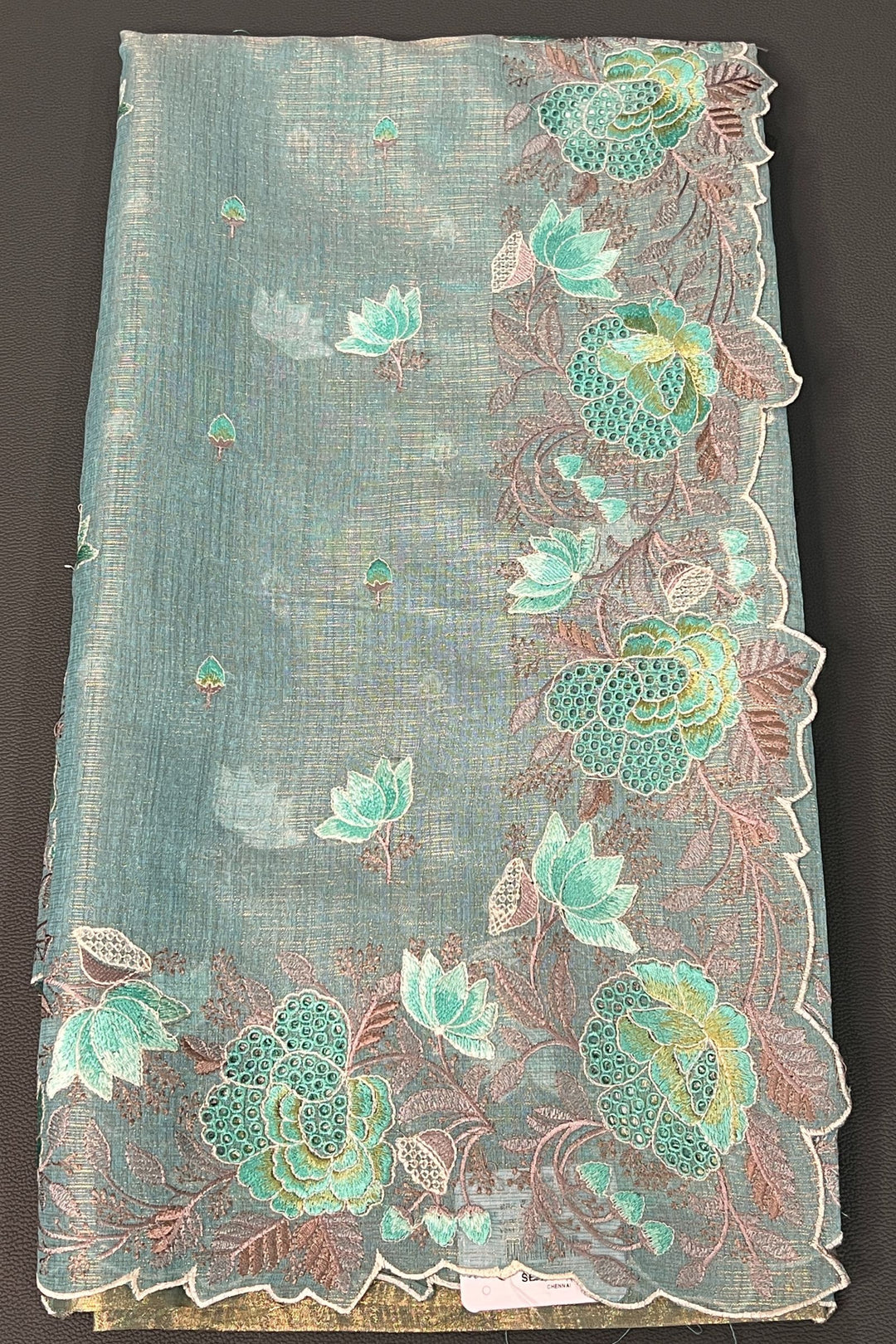 Rama Green Tissue Saree with Cutwork and Floral Embroidery work