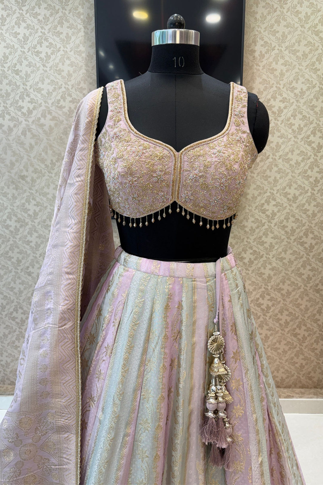 Lavender Banaras, Beads, Stone and Zardozi Work Designer Lehenga