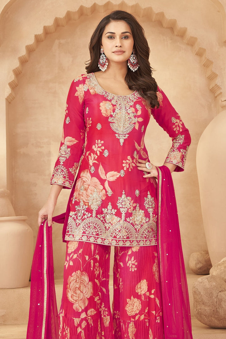 Pink with Orange Sequins and Zari work with Floral Print Sharara Salwar Suit