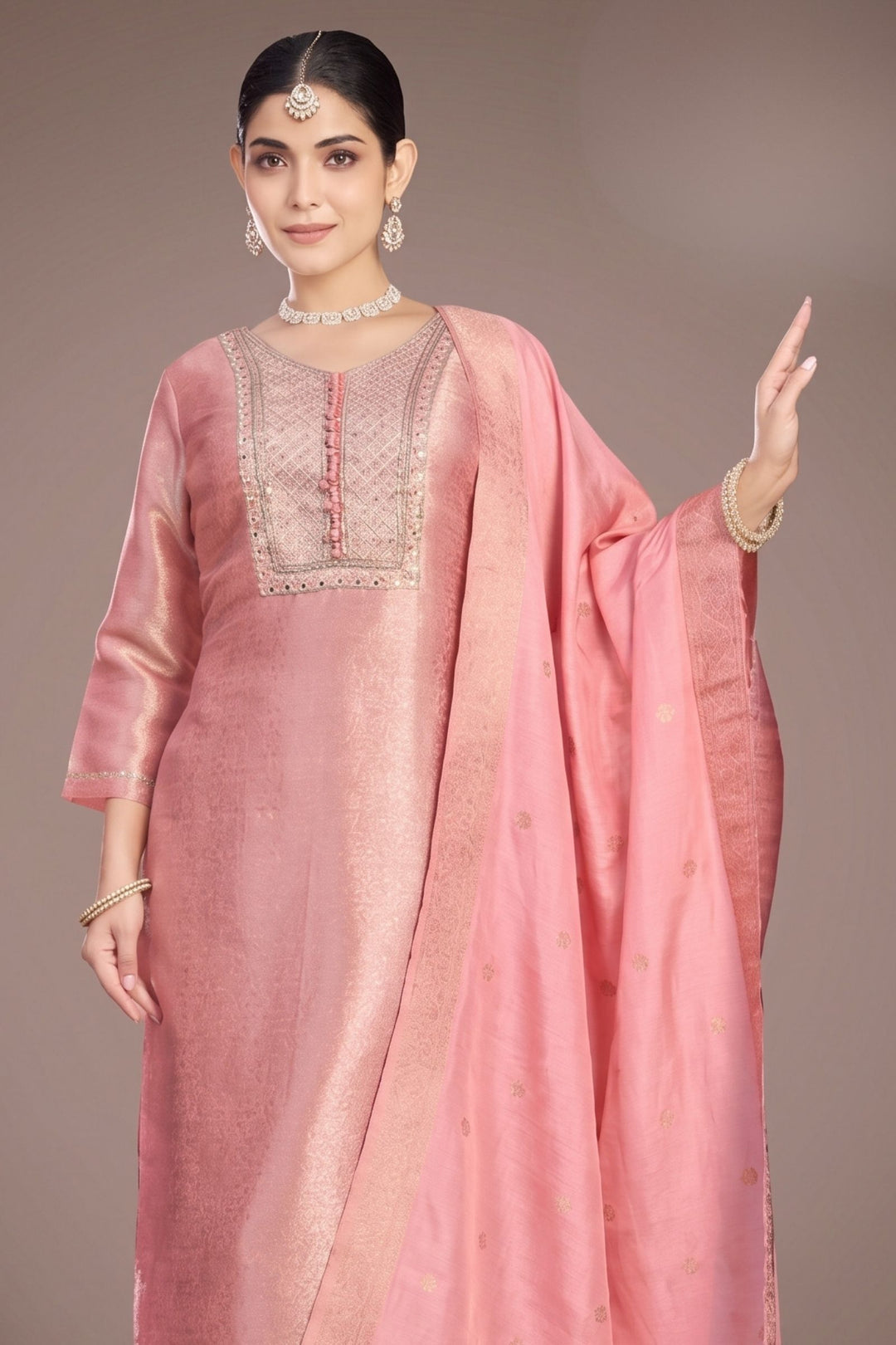 Lotus Pink Brocade, Stone, Zardozi, Mirror and Beads work Straight Cut Salwar Suit
