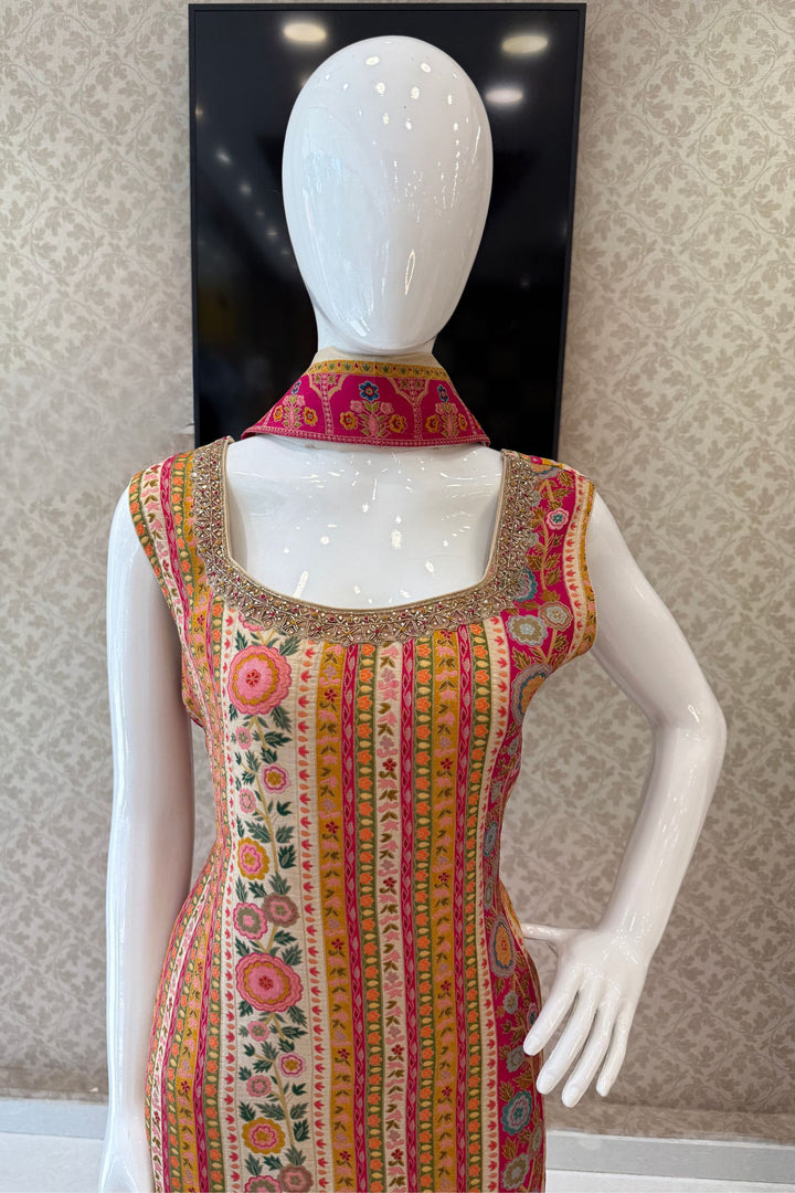 Beige Banaras, Beads and Zardozi work with Multicolor Digital Print Straight Cut Salwar Suit