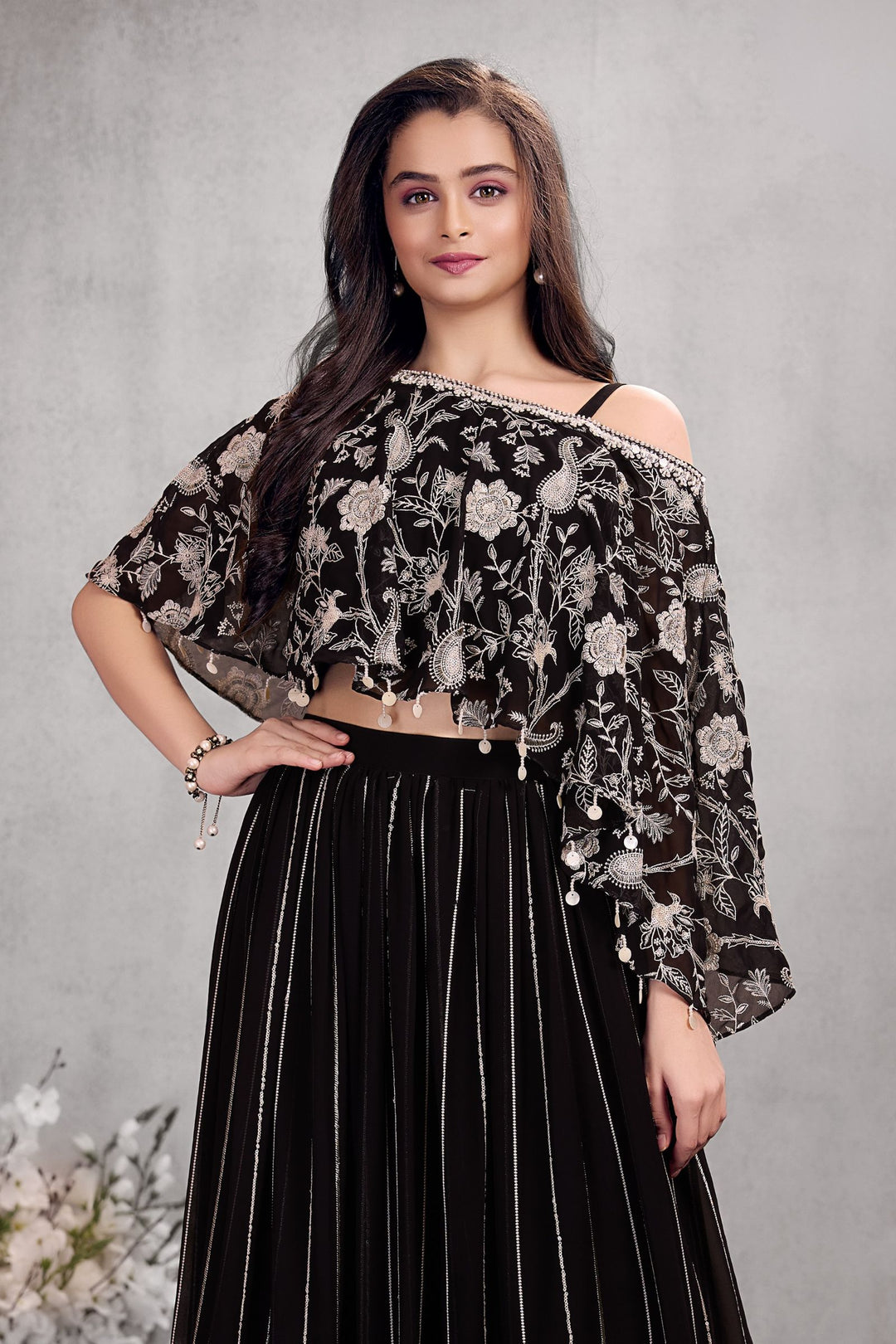 Black Sequins, Thread and Beads work Kaftan Styled Palazzo Set For Girls