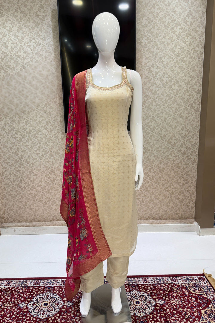Cream Stone, Zardozi, Beads and Banaras work Straight Cut Salwar Suit