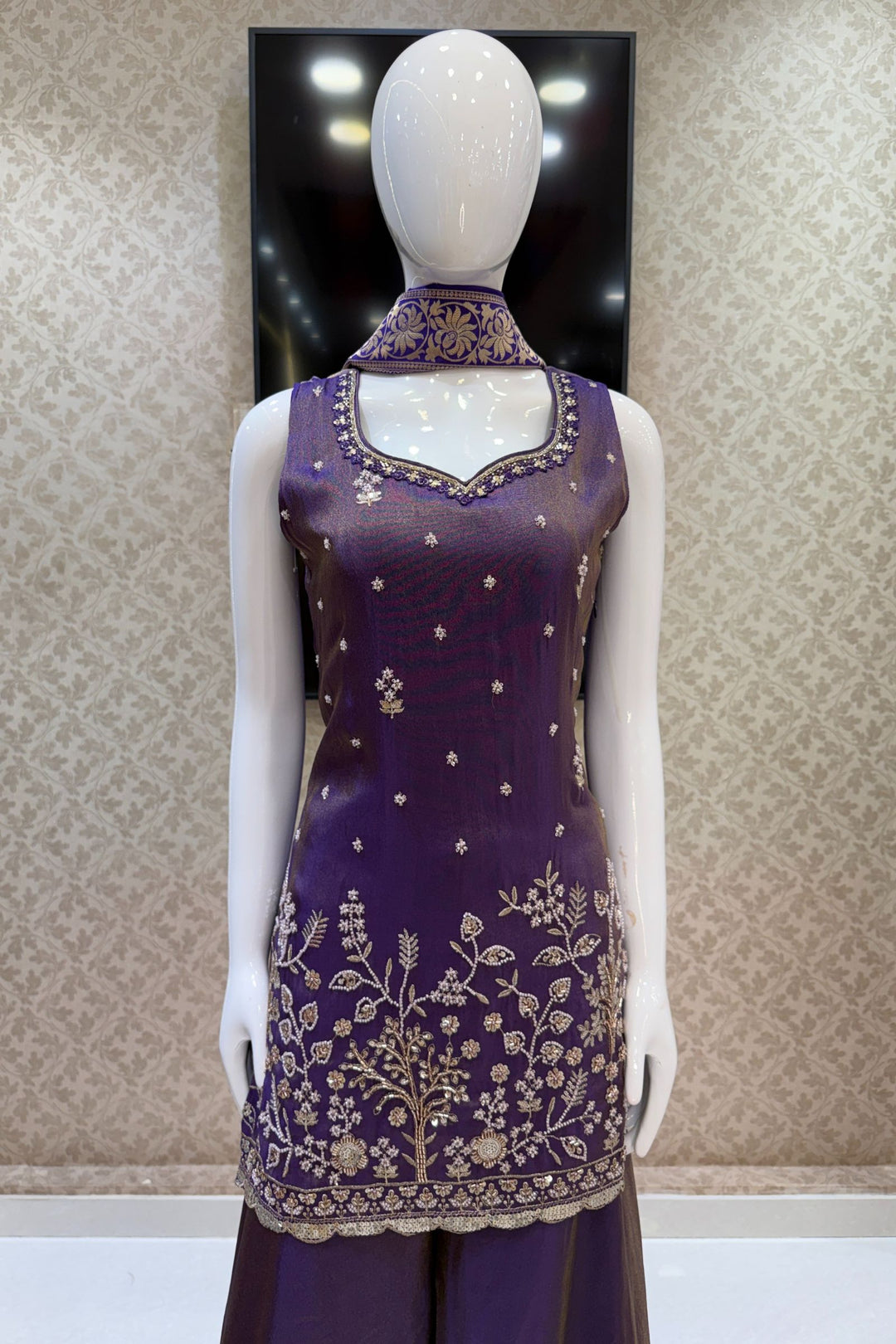 Purple Beads, Sequins, Zari and Mirror work Palazzo Salwar Suit