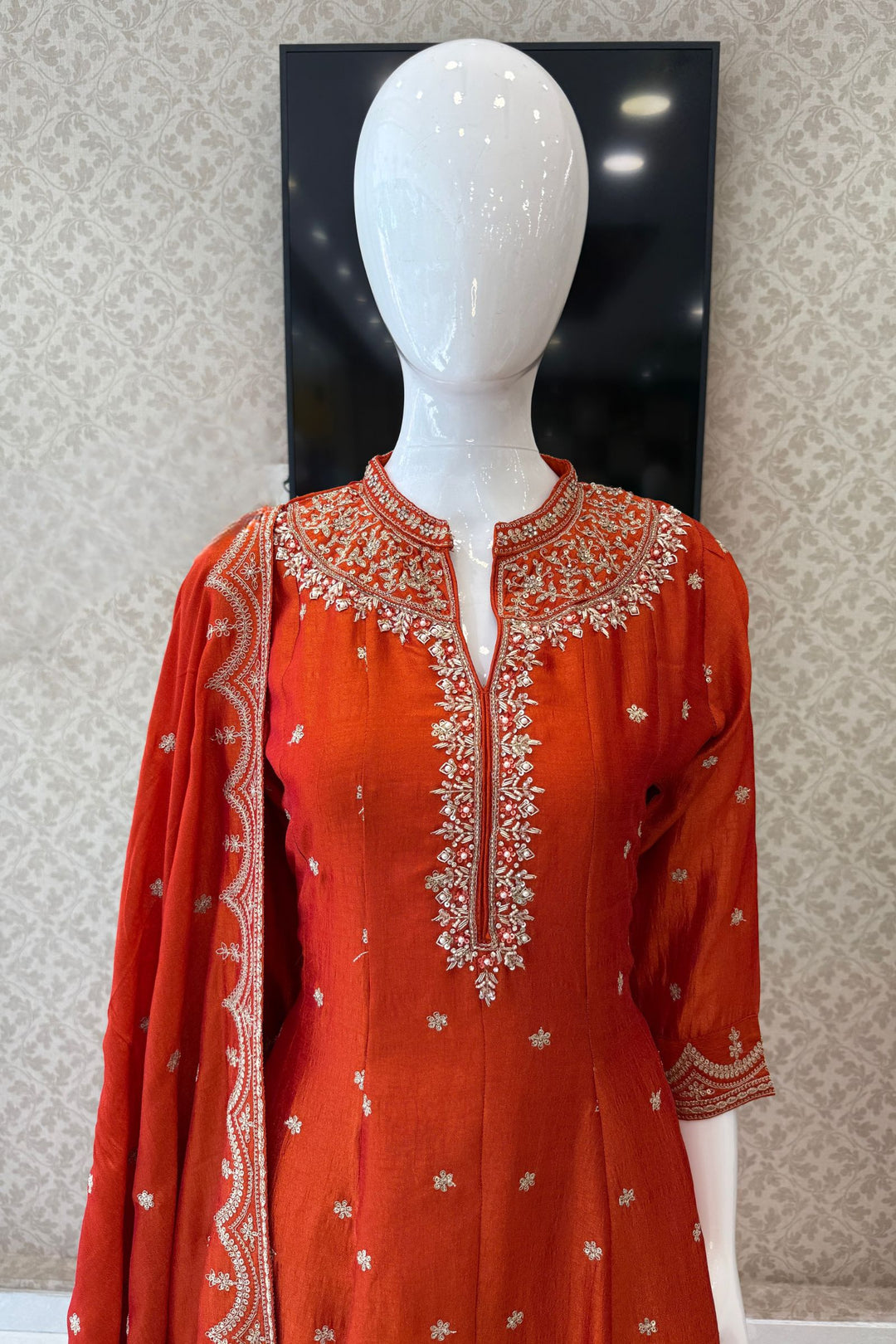 Orange Zari, Zardozi, Sequins and Stone work A-line Cut Salwar Suit