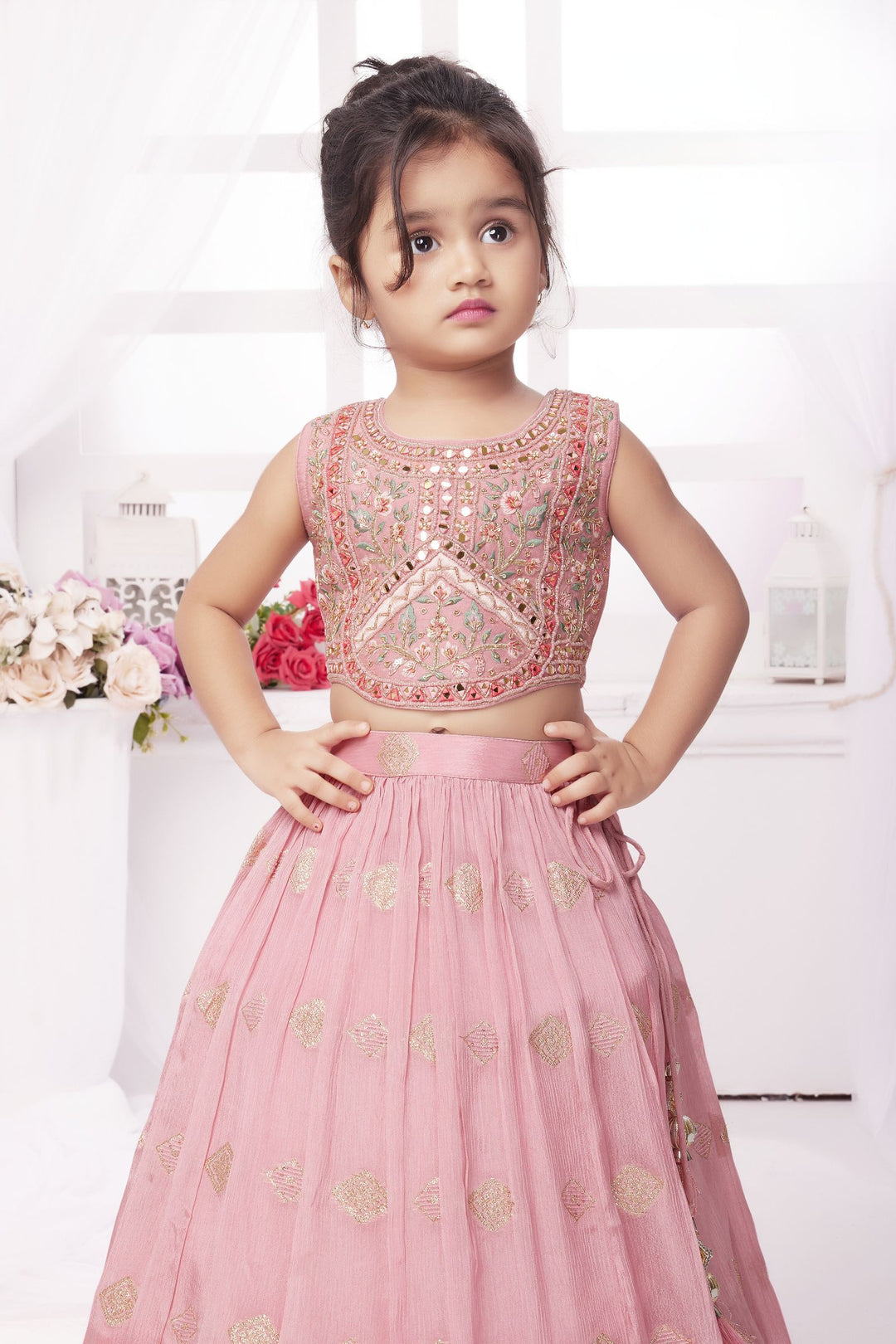 Baby Pink Mirror, Sequins, Thread, Beads and Zari work Lehenga Choli for Girls