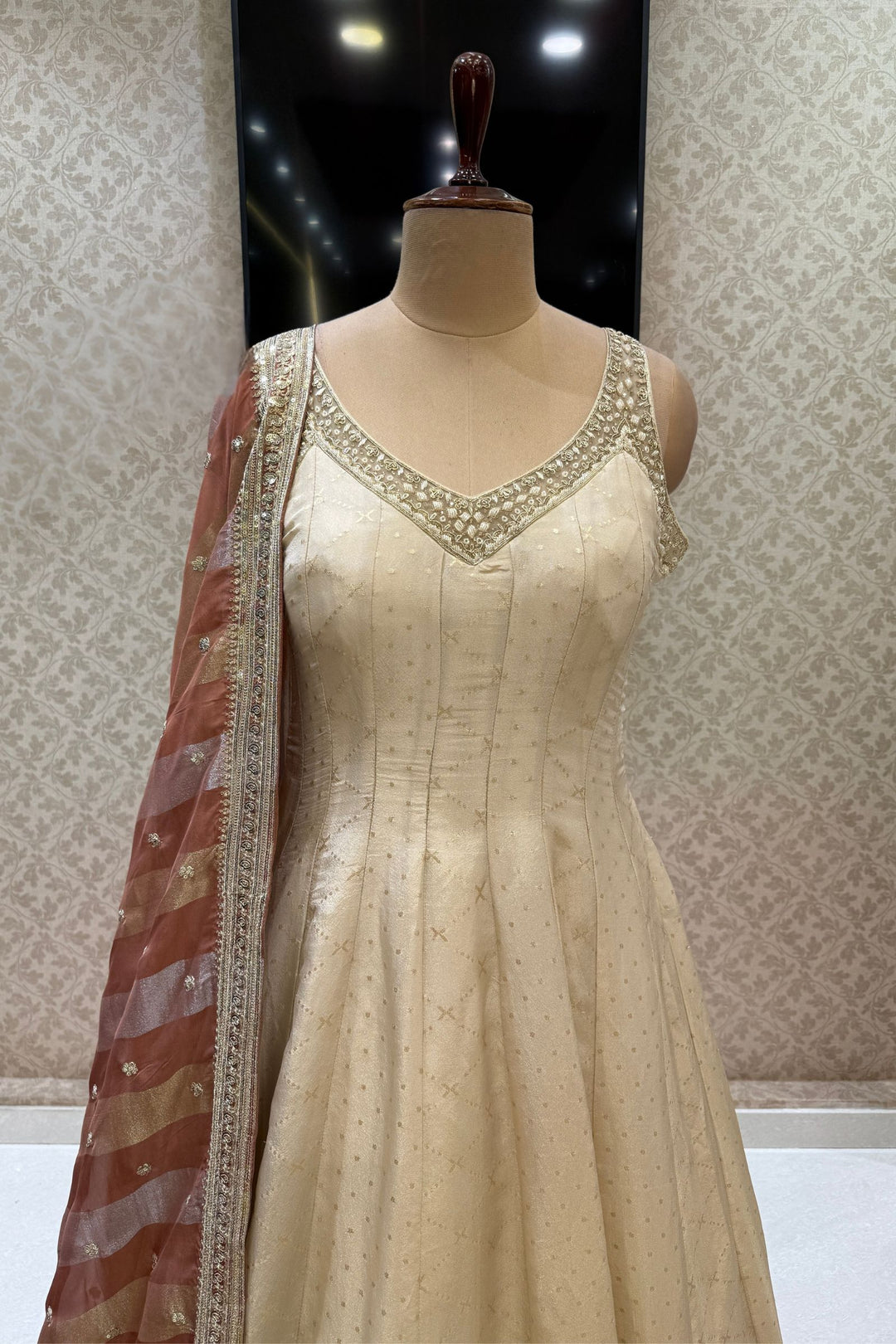 Beige Zari, Beads, Zardozi and Stone work Floor Length Anarkali Suit