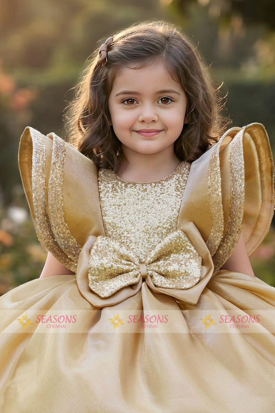 Gold Sequins work Short Partywear Frock for Girls