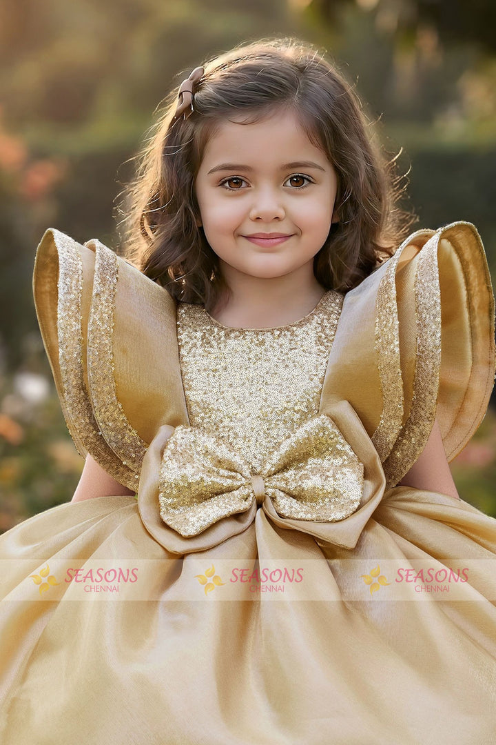 Gold Sequins work Short Partywear Frock for Girls