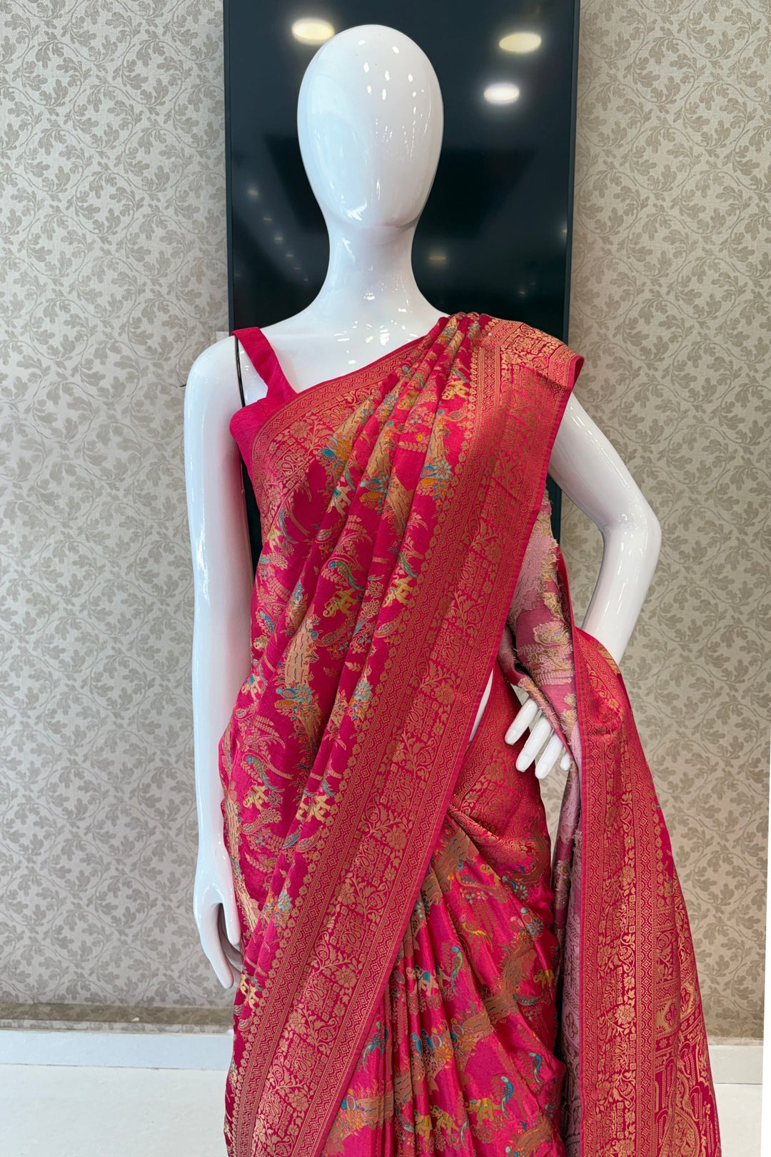 Rani Pink Saree Featuring Heritage Wildlife and Floral Banaras