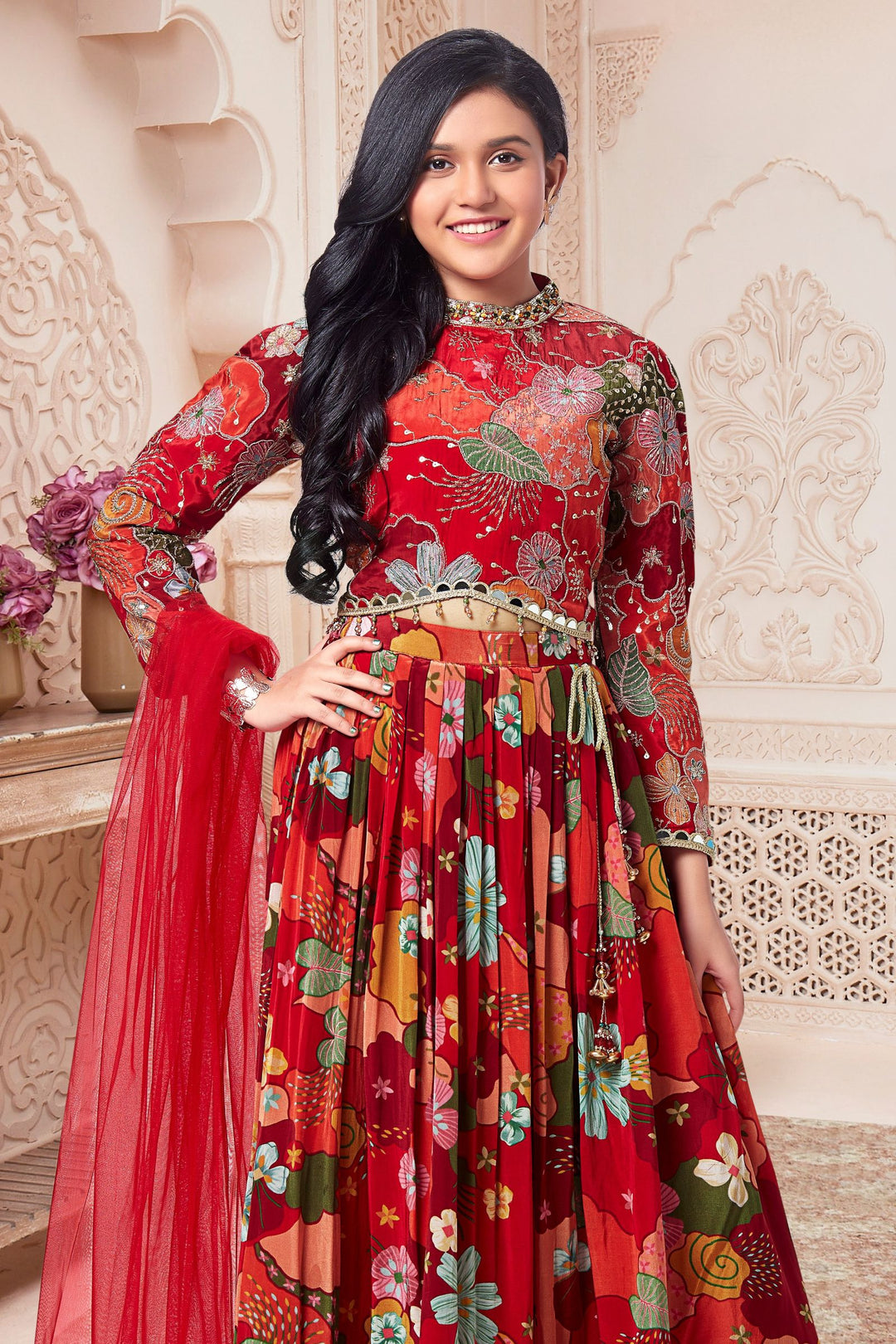 Red Sequins, Zari, Beads and Mirror work with Floral Print Lehenga Choli for Girls