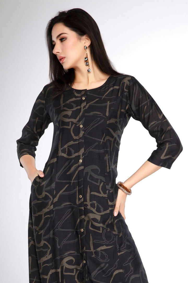 Black with Digital Print A-line Cut Calf Length Kurti