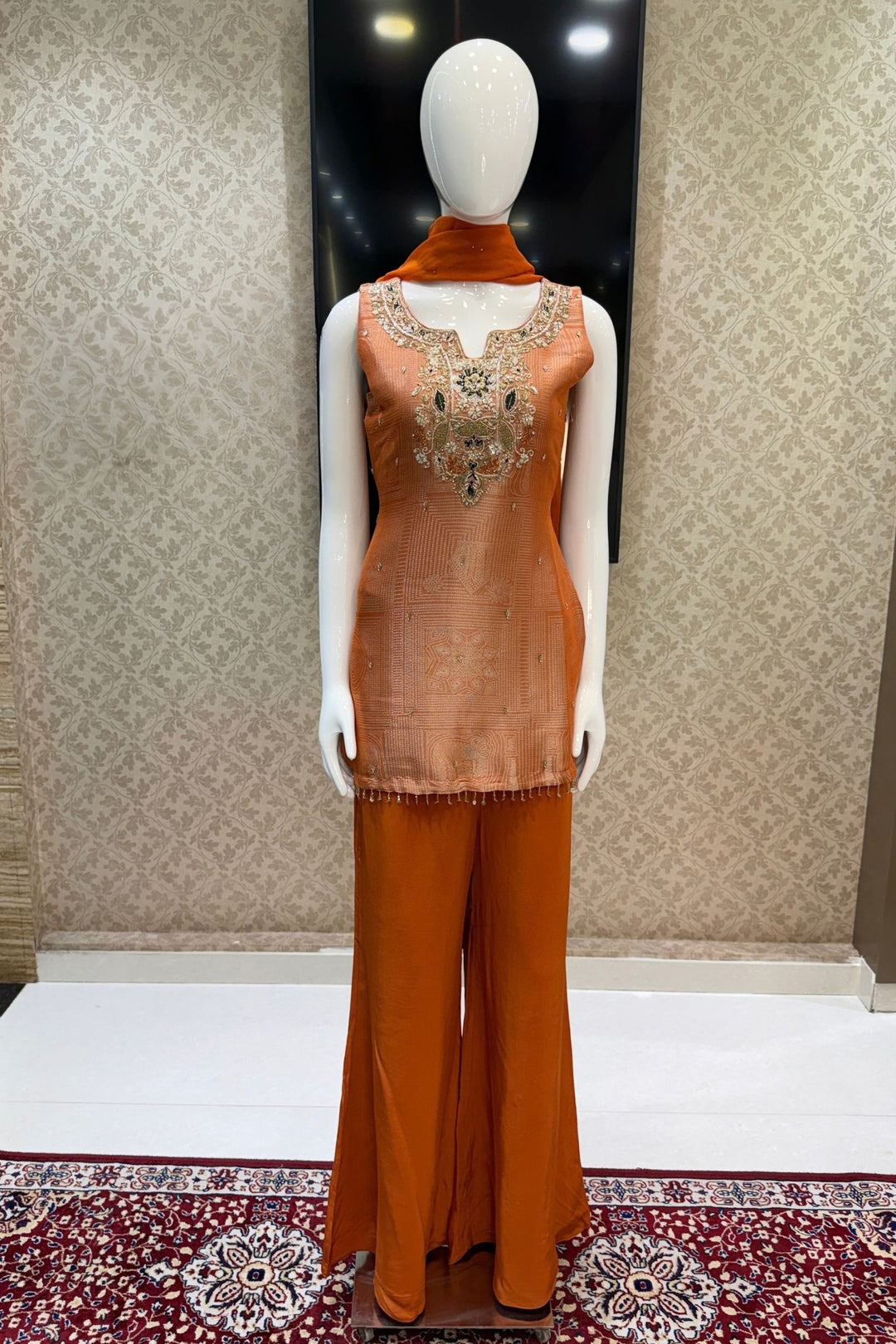 Orange Zardozi, Stone, Sequins, Beads and Thread work Palazzo Salwar Suit