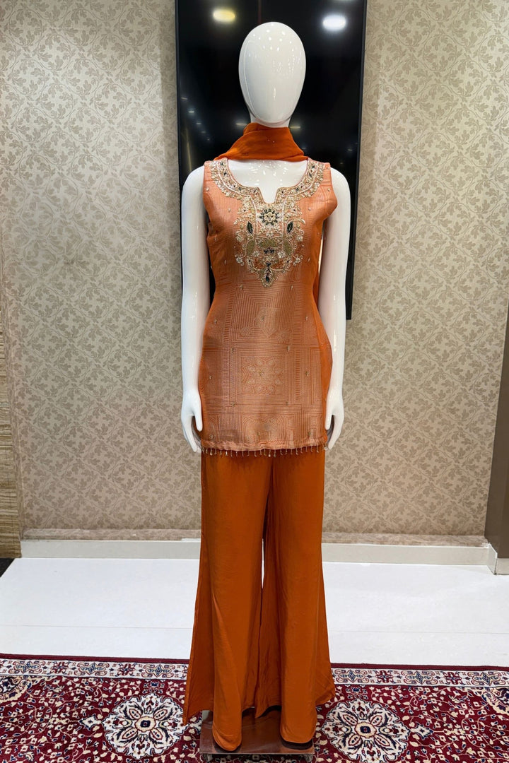 Orange Zardozi, Stone, Sequins, Beads and Thread work Palazzo Salwar Suit