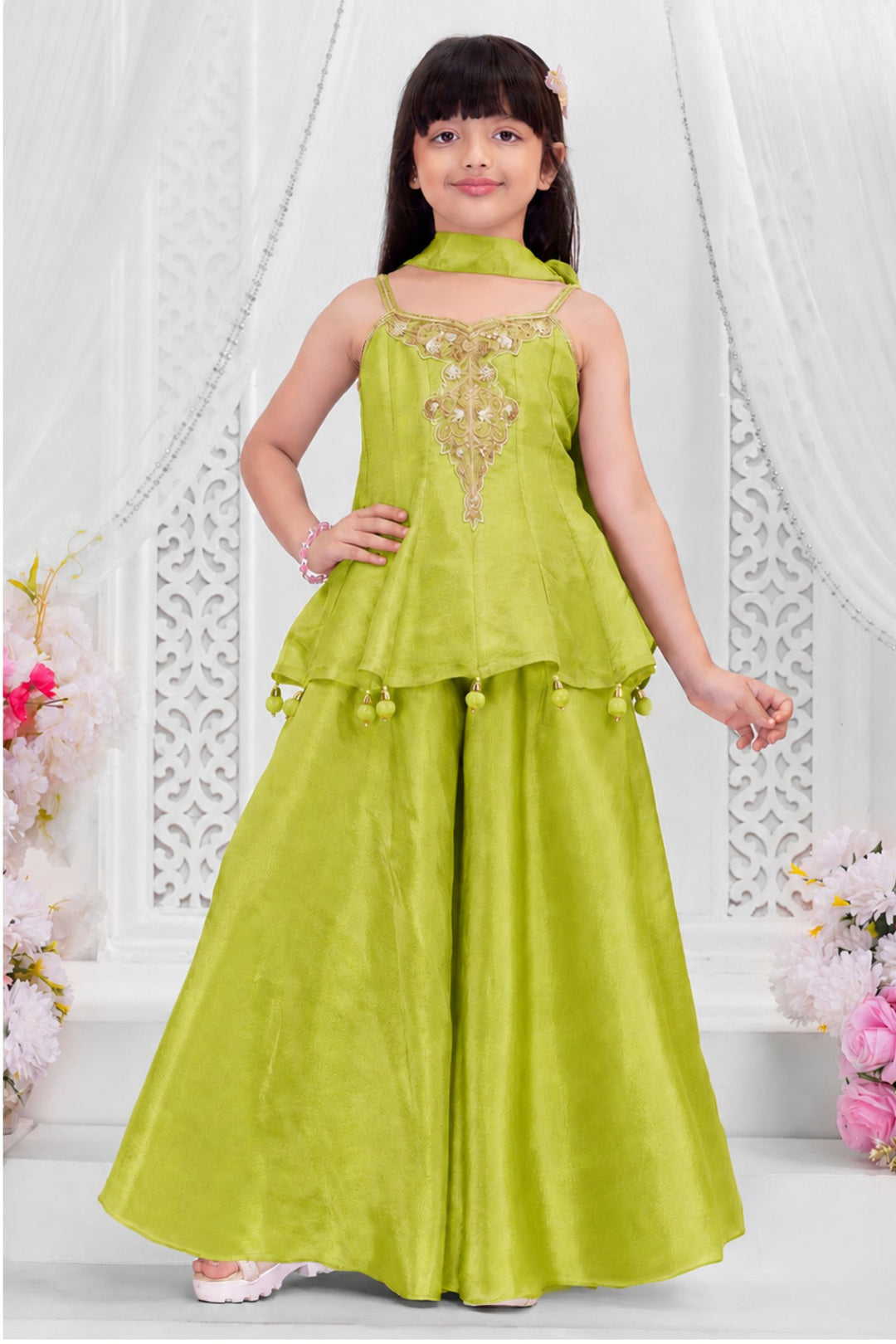 Girls Lemon Green Zardozi, Beads and Zari work Peplum Palazzo Set