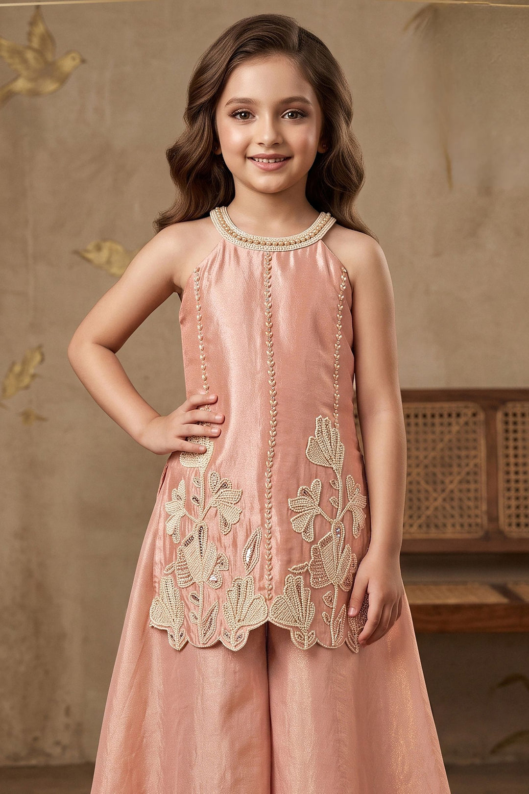 Peach Beads work Palazzo Suit Set for Girls