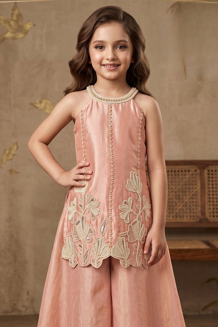 Peach Beads work Palazzo Suit Set for Girls
