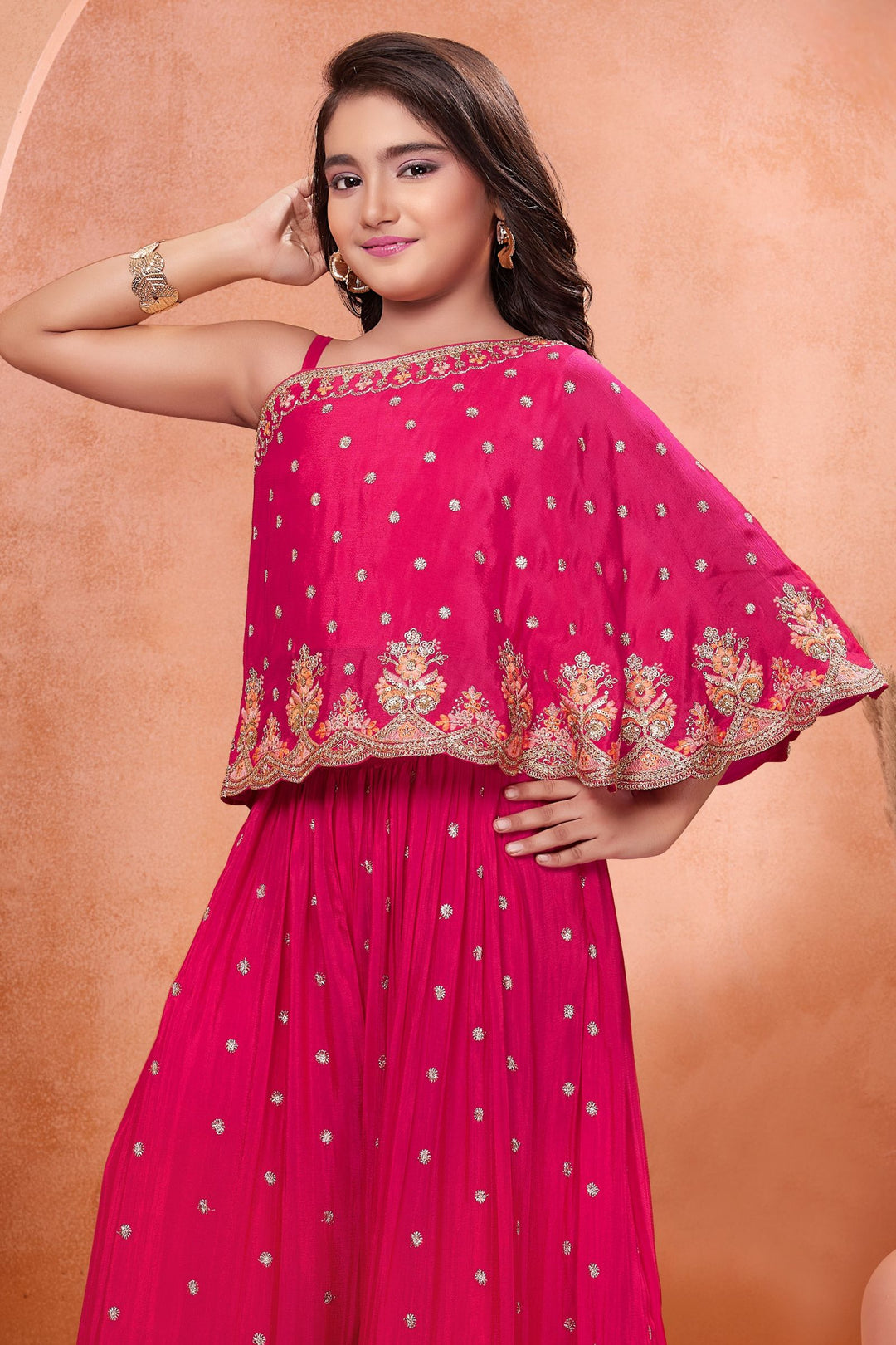 Rani Pink Sequins, Zari, Embroidery and Stone work Poncho Styled Palazzo Set for Girls