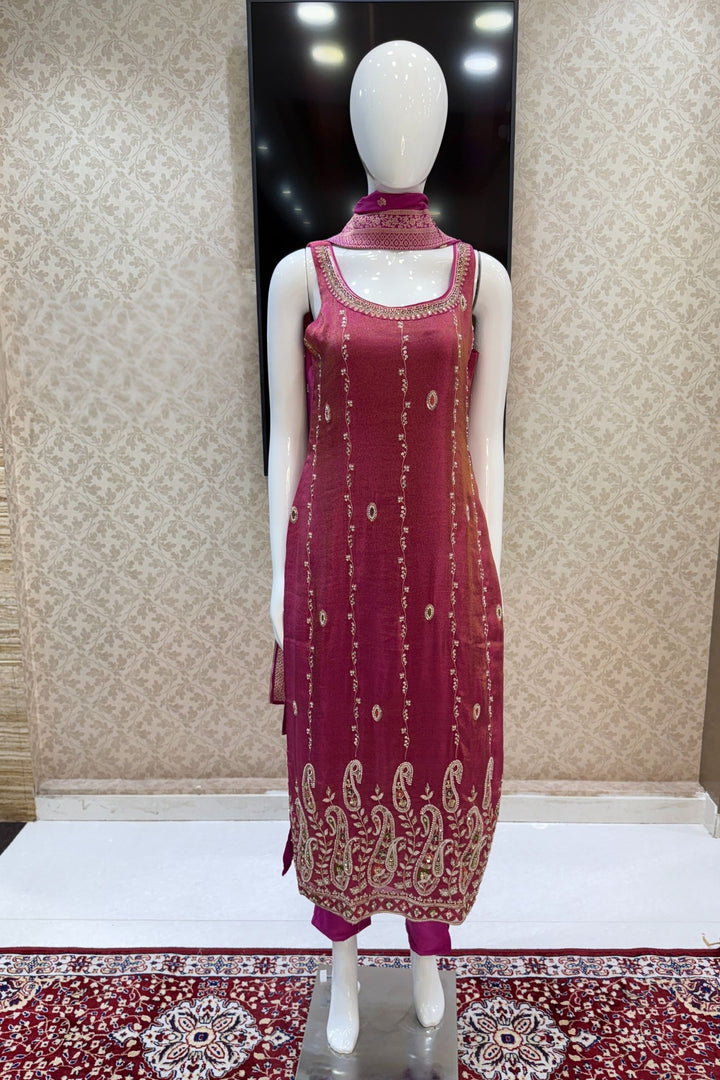 Magenta Pink Beads, Zardozi, Mirror, Pearl, Zari and Sequins work Straight Cut Salwar Suit
