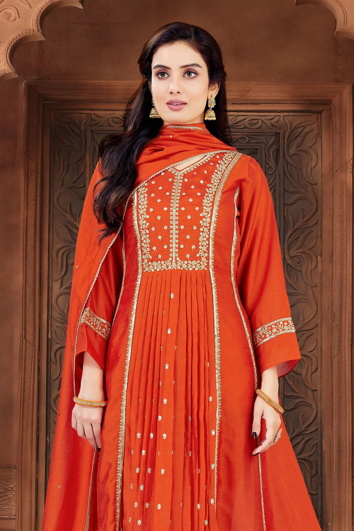 Orange Sequins, Zari and Beads work A-line Cut Salwar Suit