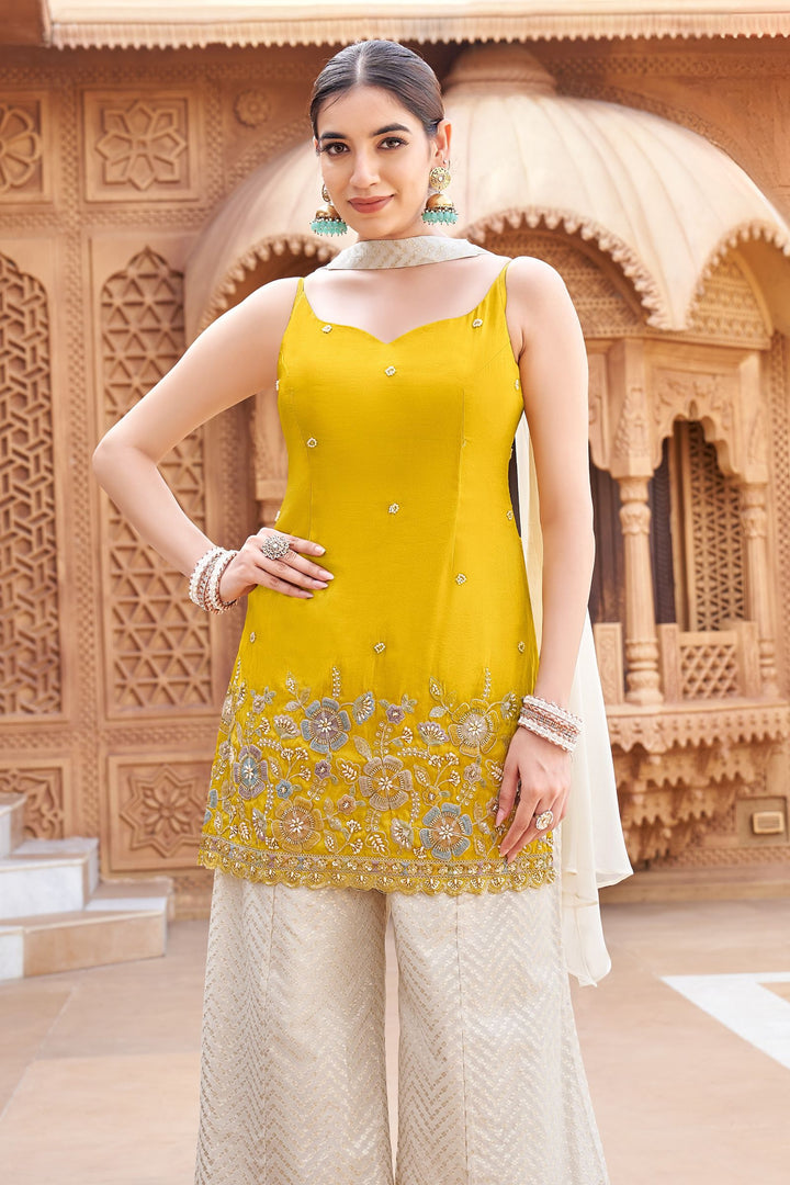 Yellow with Cream Jacquard, Pearl, Multicolor Thread and Zari work Palazzo Salwar Suit