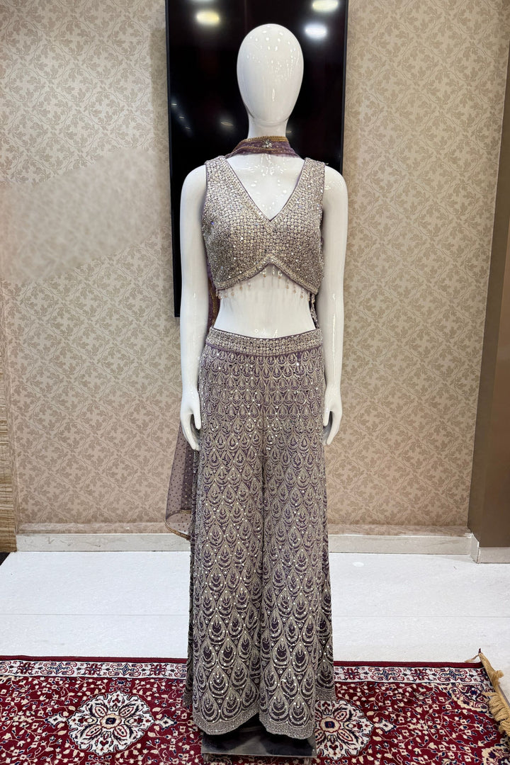 Lilac Zari, Sequins, Zardozi, Beads, Mirror and Stone work Crop Top with Palazzo Pant