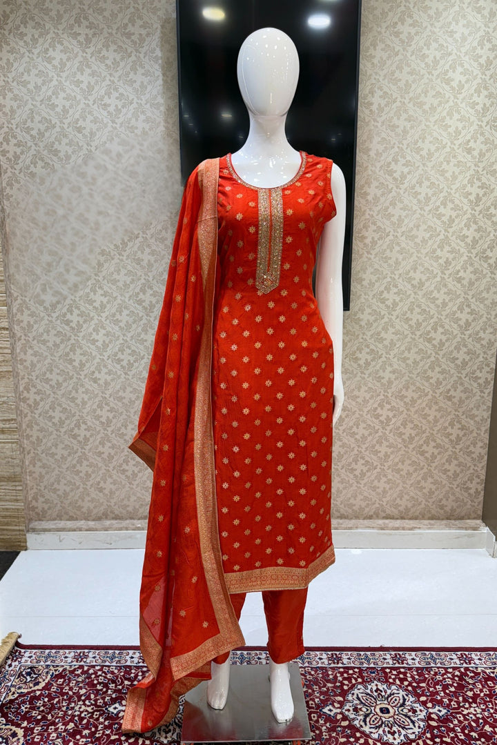 Orange Jacquard, Banaras Butta, Zardozi and Sequins work Straight Cut Salwar Suit
