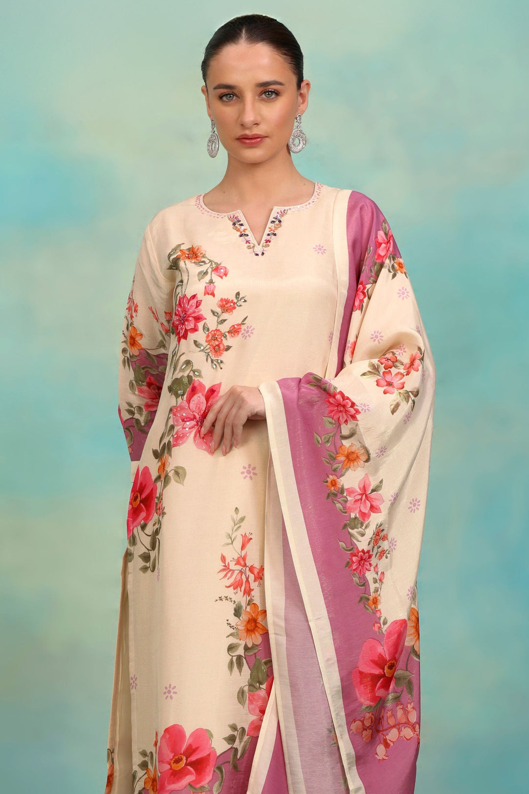 Cream Beads and Sequins work with Floral Print Straight Cut Salwar Suit
