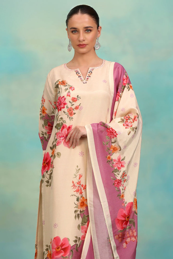 Cream Beads and Sequins work with Floral Print Straight Cut Salwar Suit