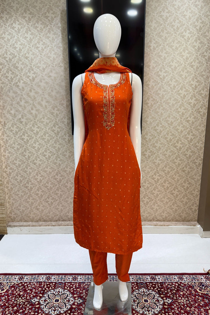 Orange Sequins, Beads, Zardozi, Stone and Banaras Butta work Straight Cut Salwar Suit