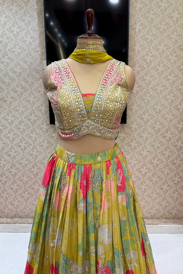 Liril Green Sequins and Zari work with Multicolor Digital Print Crop Top Lehenga