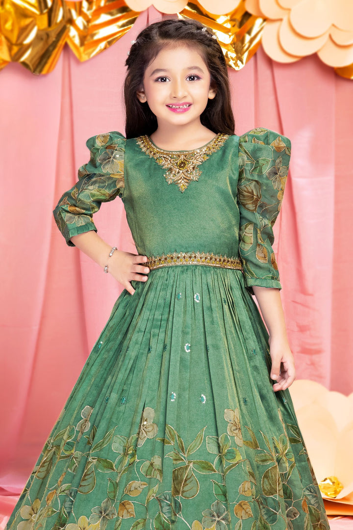 Green Mirror, Stone and Zari work with Floral Print Long Party Gown for Girls