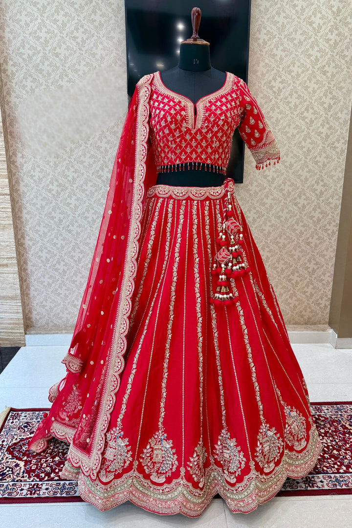 Red Zardozi, Sequins, Beads, Pearl, Thread and Zari work Crop Top Designer Bridal Lehenga