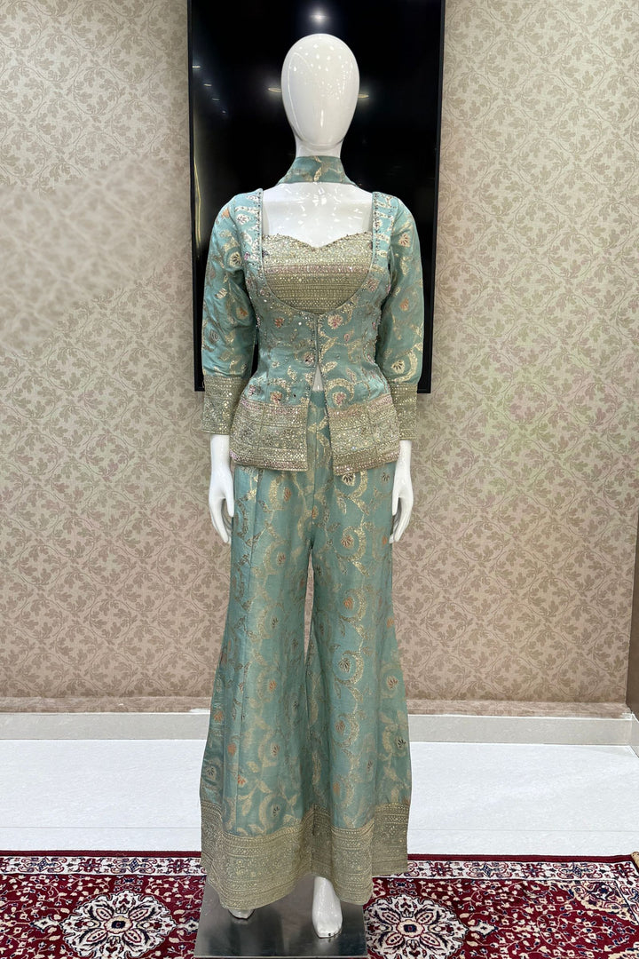 Sea Green Palazzo Set with Beads, Sequins and Zari work with Choker Dupatta