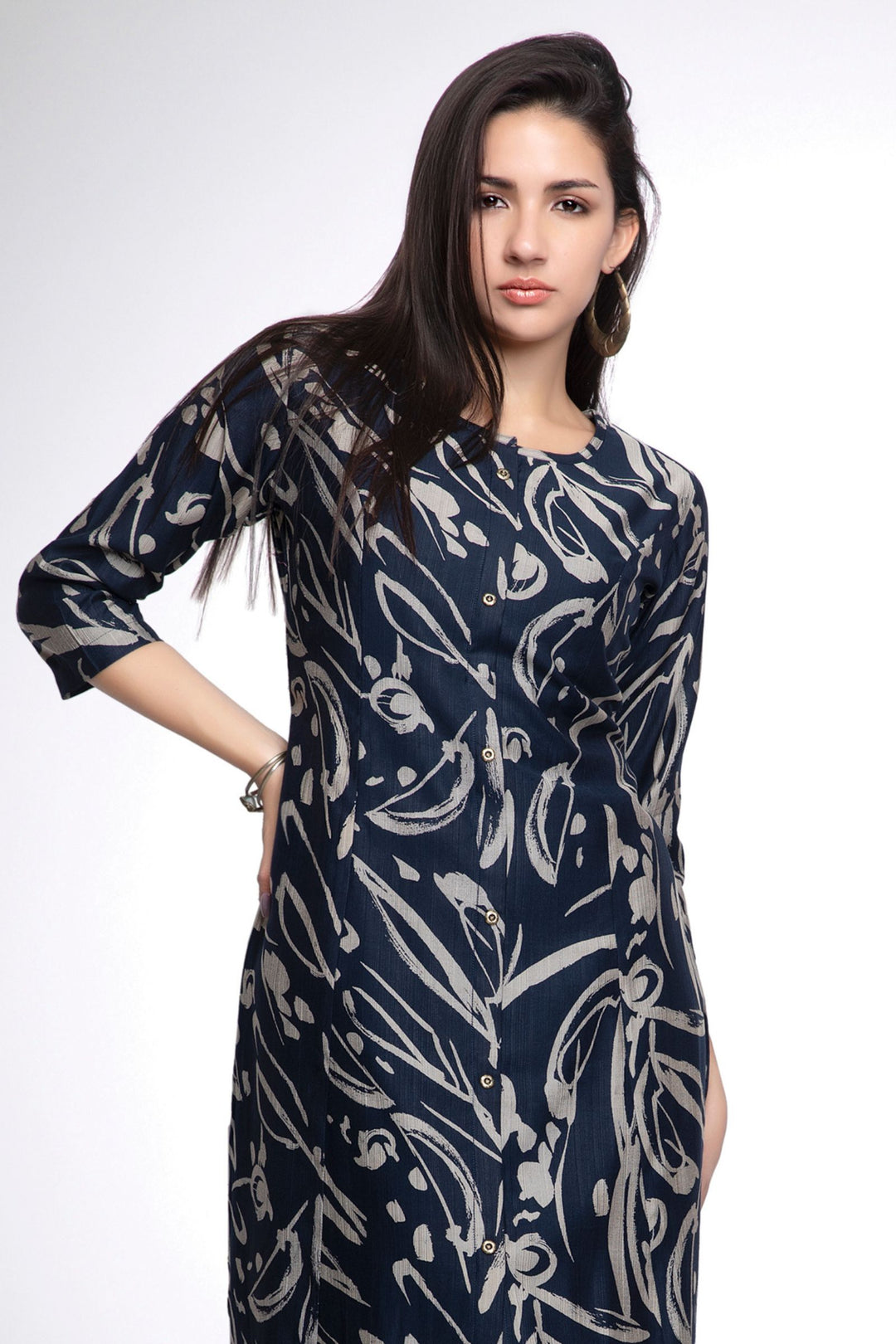 Navy Blue Abstract Print A-line Cut Calf Length Kurti