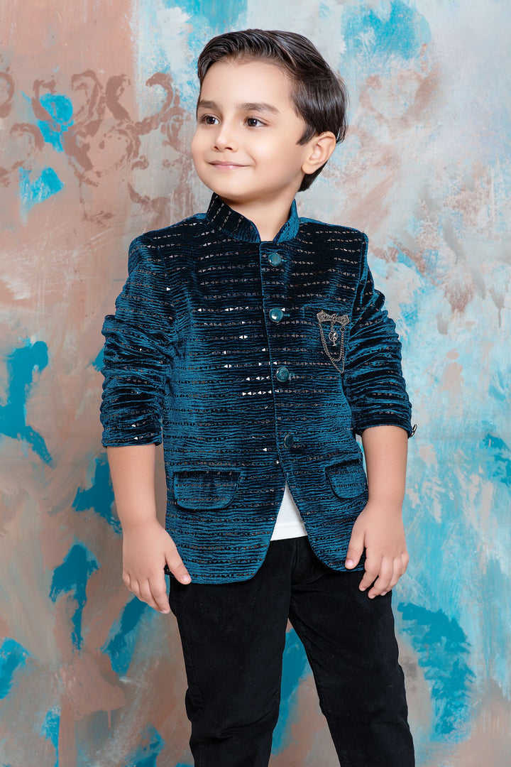 Peacock Green Waist Coat with White T-Shirt and Black Pant Set for Boys