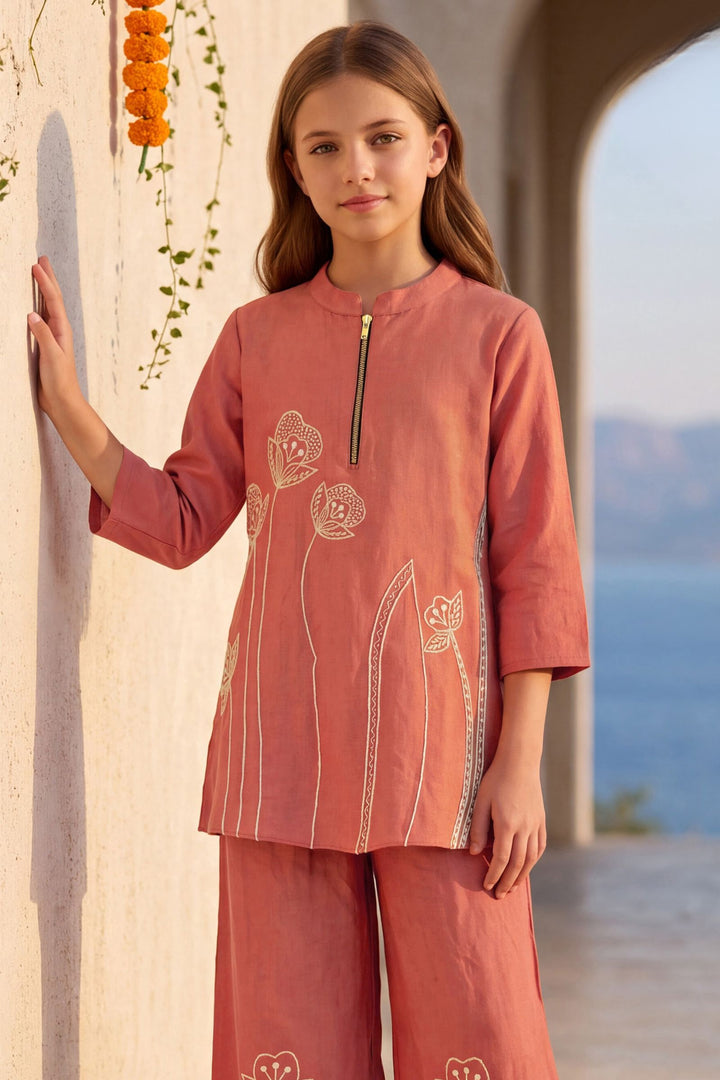 Peach Pearl, Beads and Thread work Co-ord Set for Girls