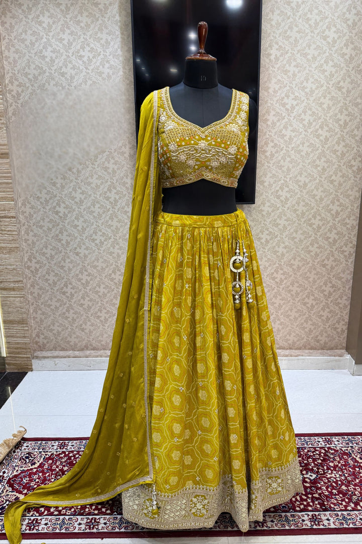 Liril Green Stone, Zardozi, Sequins and Mirror work with Bandini Print Crop Top Lehenga