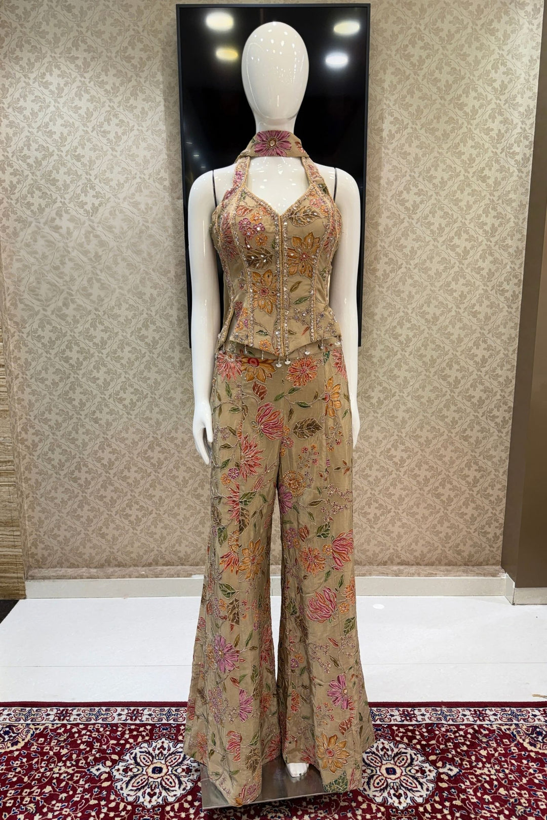 Beige Halter Neck Palazzo Set with Zardozi, Zari, Beads, Sequins, Stone and Mirror Detailing (Copy)