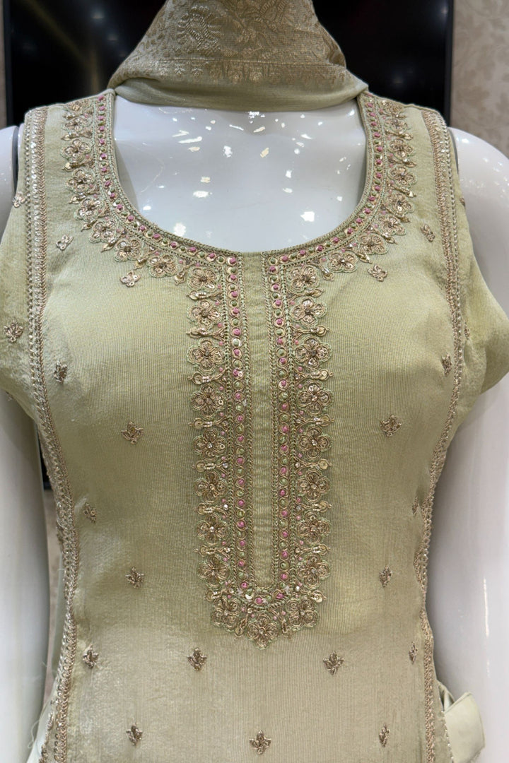 Pista Green Zari and Sequins work High Slit Palazzo Set