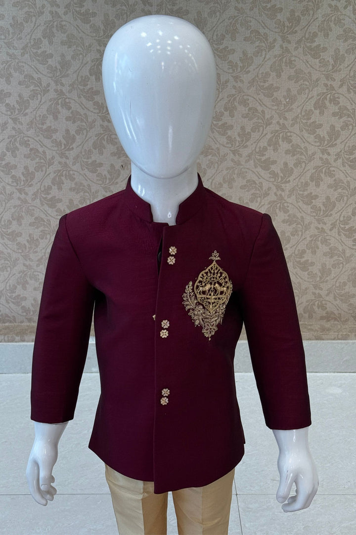 Maroon with Gold Zardozi and Zari work Jodhpuri Suit for Boys