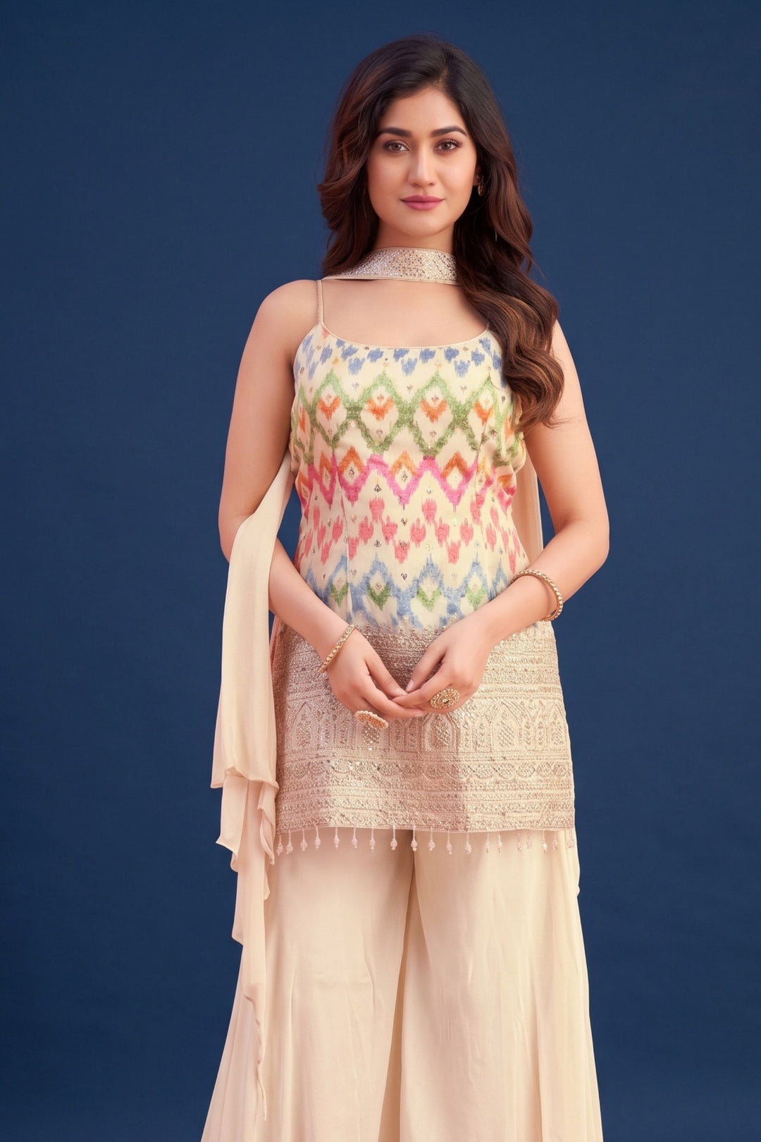 Beige Multicolor Embroidery, Sequins and Zari work Palazzo Salwar Suit