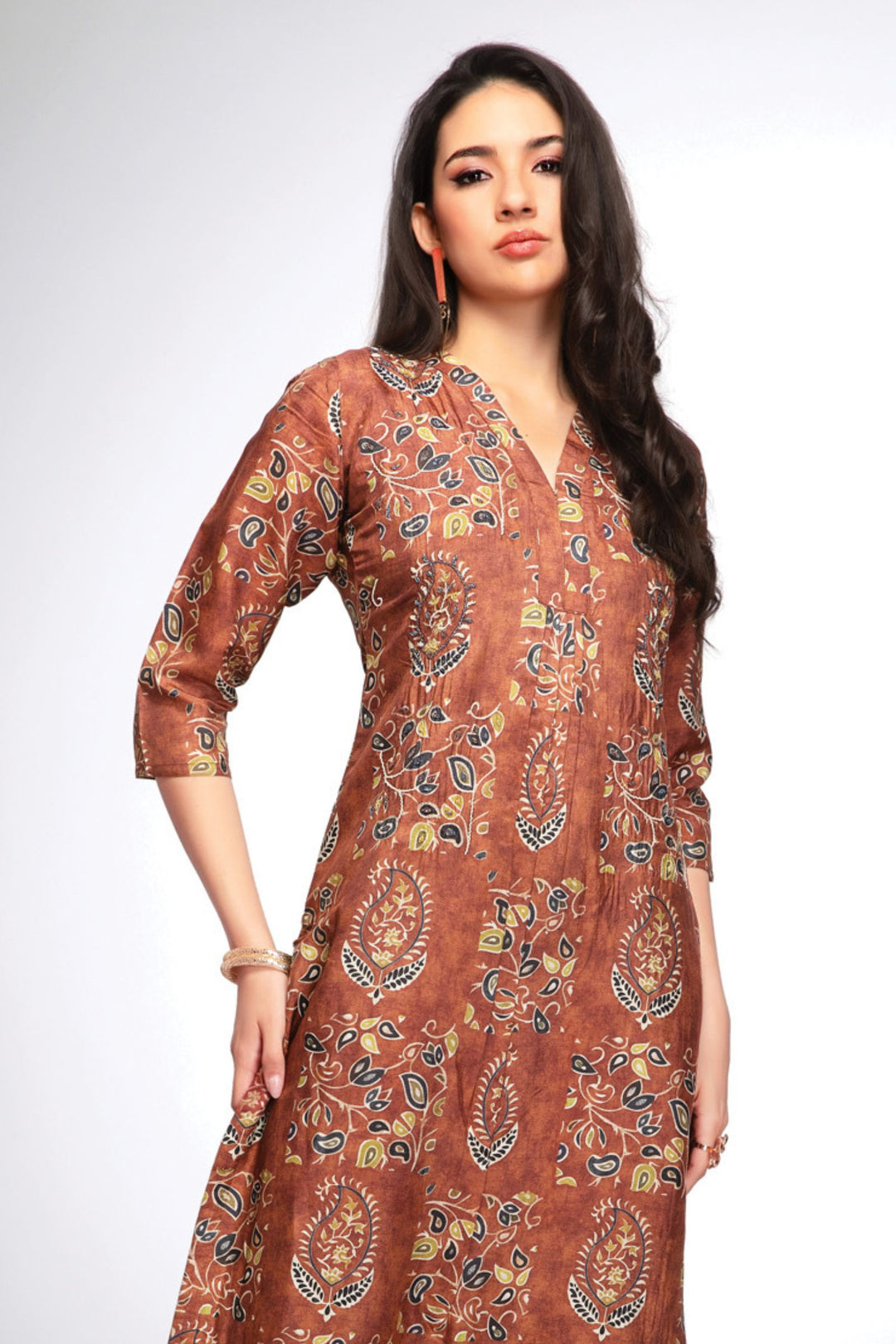 Rust Beads and Zari work with Digital Print Calf Length Kurti